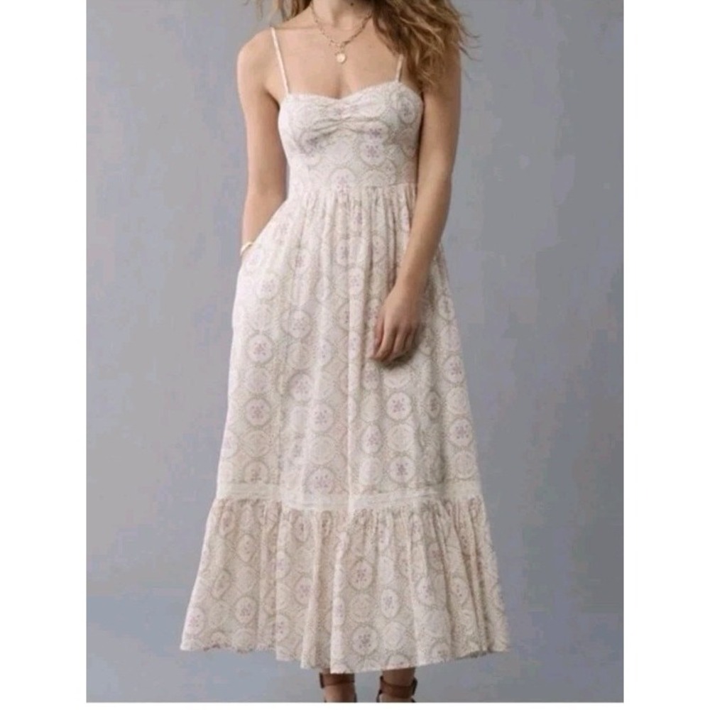 American Eagle Cami Sundress Womens L White Geo Floral Midi Dress Lace Trim NEW